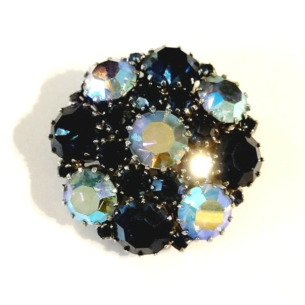 Vintage Blue Brooch Pin Unsigned Schreiner Rhinestone Domed Layered Mid-century